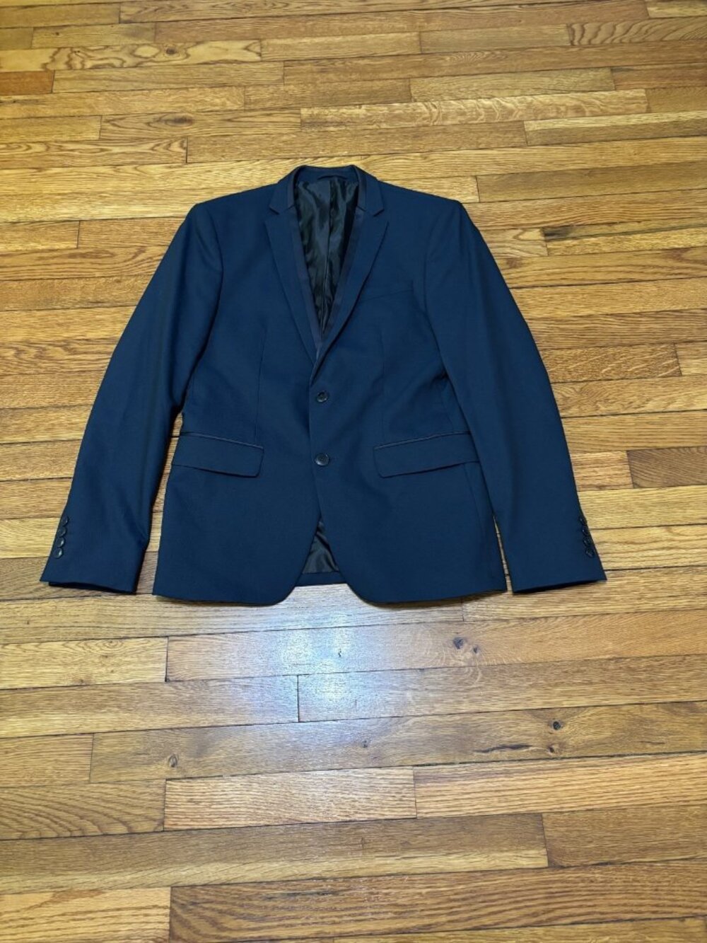 Zara Man Blazer Jacket Mens Sz 36 Navy Blue Slim Fit Stretch 2 Button Preppy